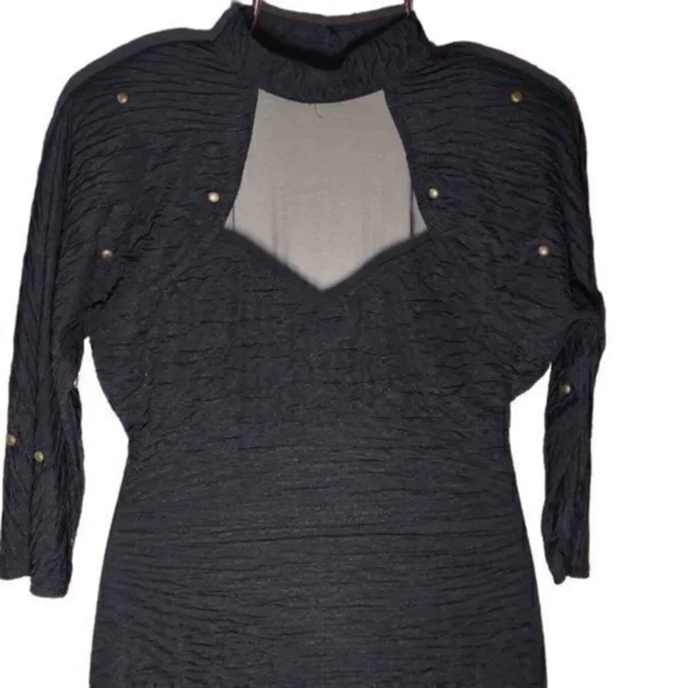 Absolutely! 80s Black Bodycon Mini Dress with Brass Stud Detailing and Choker Ne